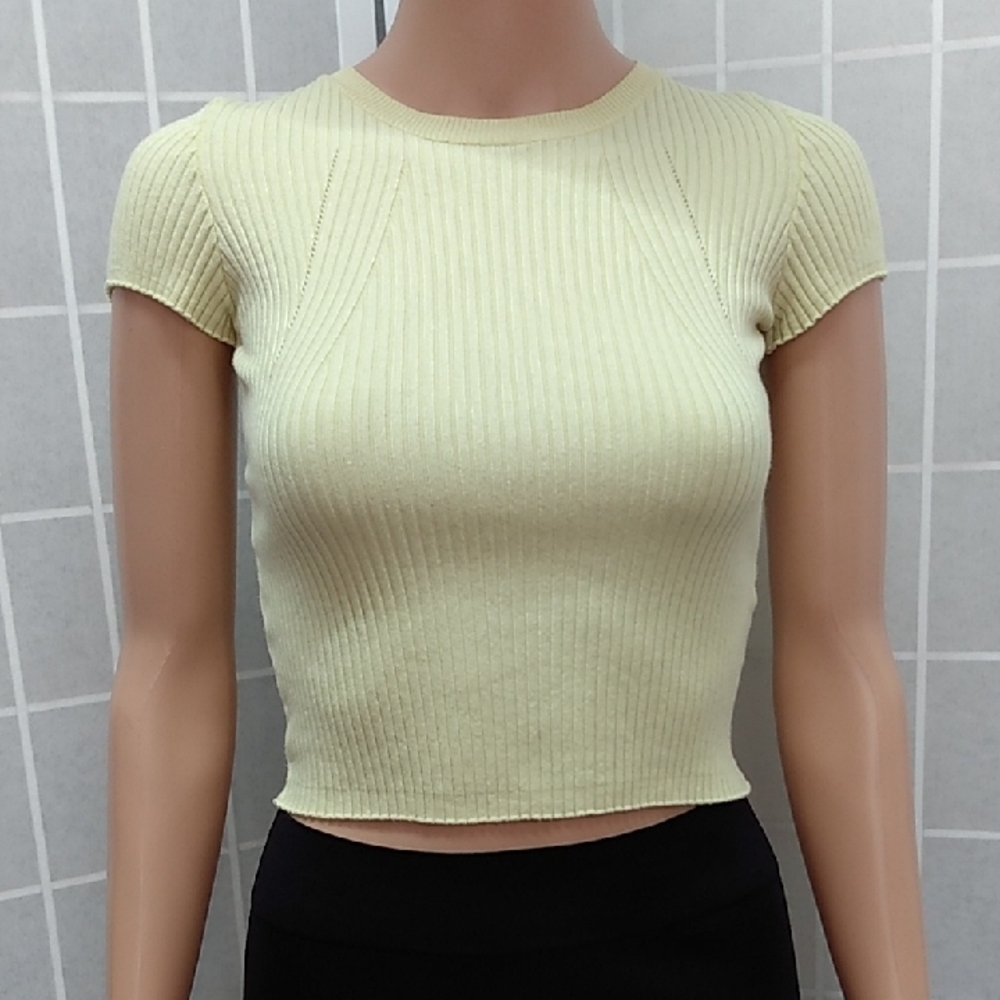 Bershka Bright Yellow Ribbed Crewneck Crop Top Women's Size XS - Picture 11 of 11